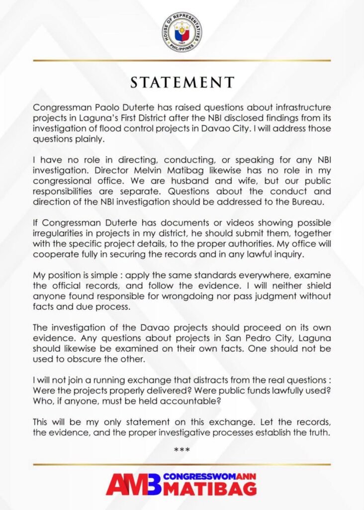 REP. ANN MATIBAG, NAGLABAS NG PAHAYAG SA MGA ISYU SA INFRASTRUCTURE PROJECTS SA LAGUNA