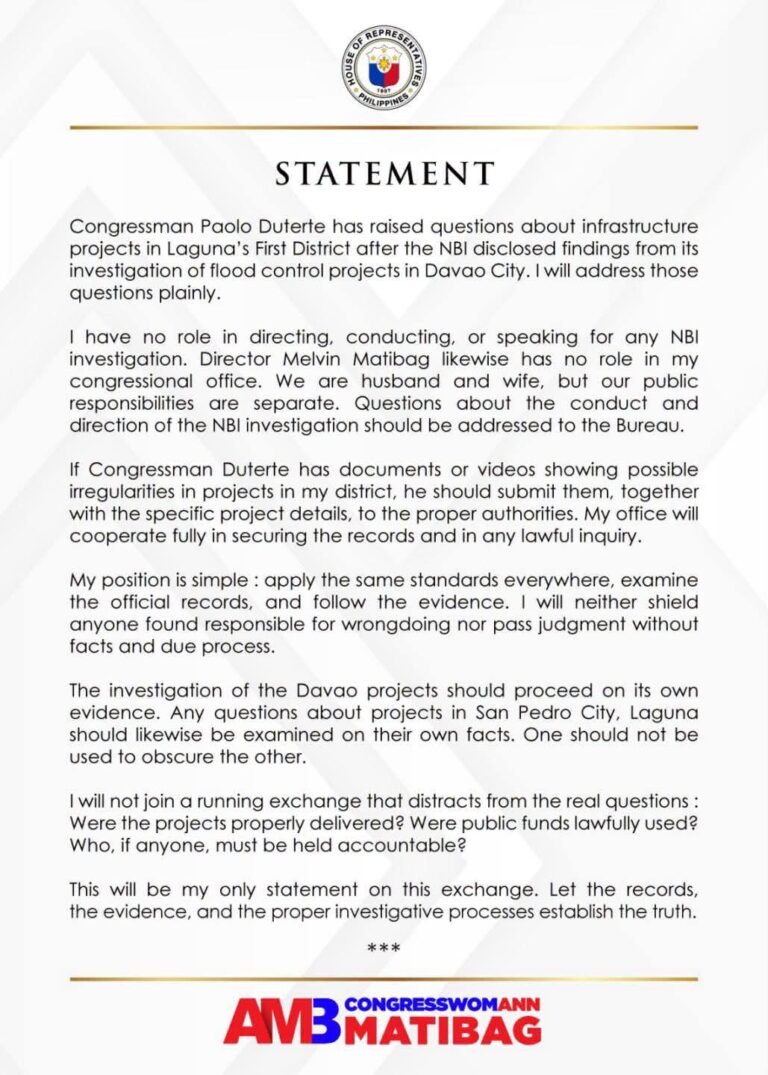 REP. ANN MATIBAG, NAGLABAS NG PAHAYAG SA MGA ISYU SA INFRASTRUCTURE PROJECTS SA LAGUNA