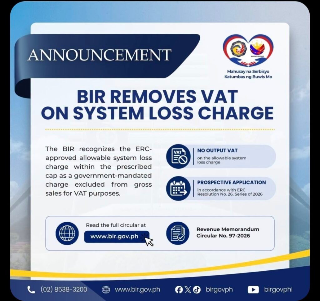 BIR REMOVES VAT ON SYSTEM LOSS CHARGE