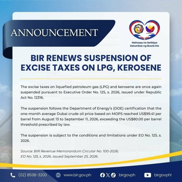 BIR: Suspendido muli ang excise tax sa LPG at kerosene