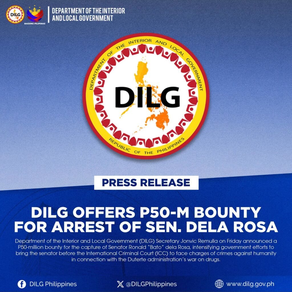 DILG, nag-alok ng ₱50 milyong pabuya para sa ikadarakip ni Sen. Dela Rosa