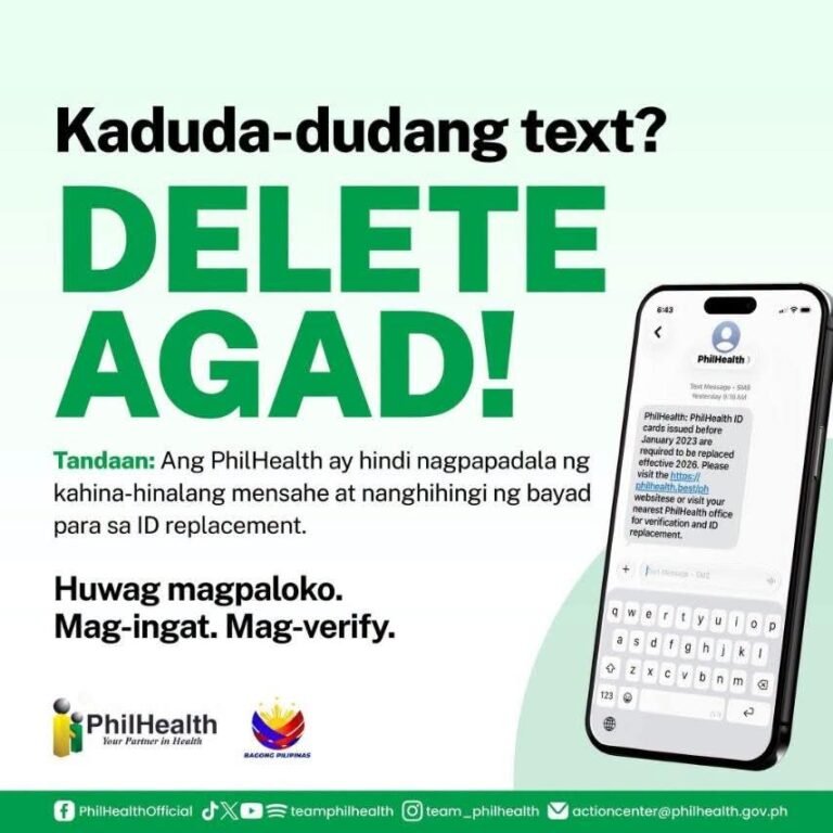 BEWARE OF FAKE “PHILHEALTH ID REPLACEMENT” TEXT MESSAGES